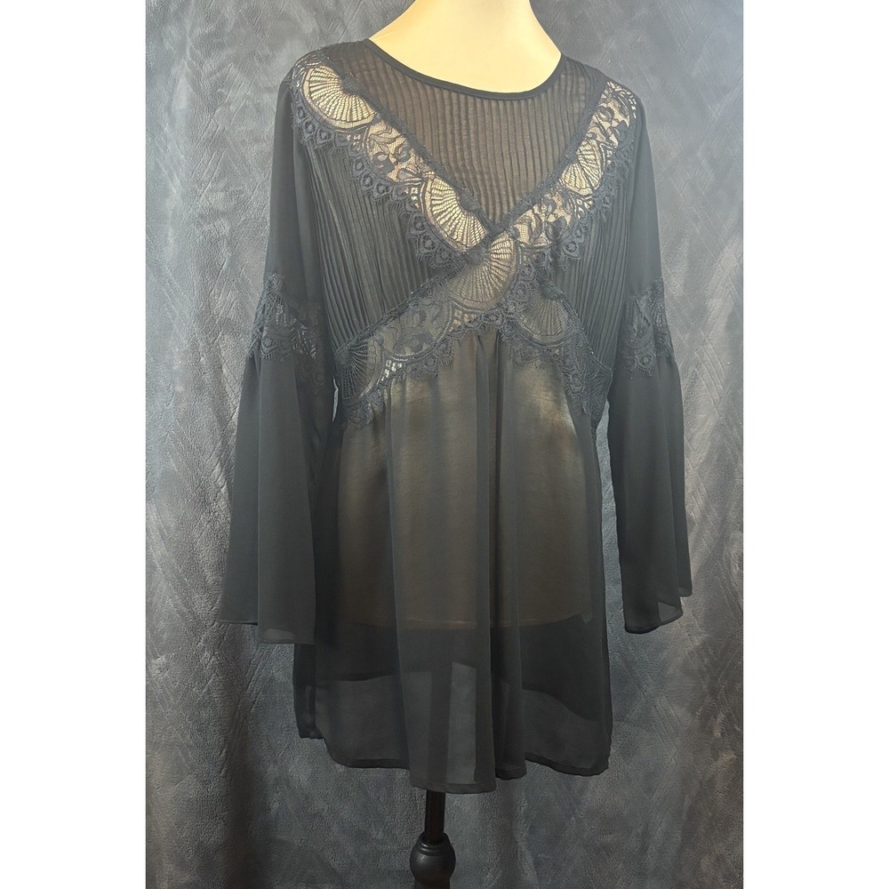 Woman Black Delicate Sheer Blouse Flared Sleeve Lacey Whimsigoth Witchy Vampire - Picture 2 of 8